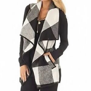 WEST LOOP Open Buffalo Plaid Vest Cotton/Wool Blend, Women’s OS, Black White